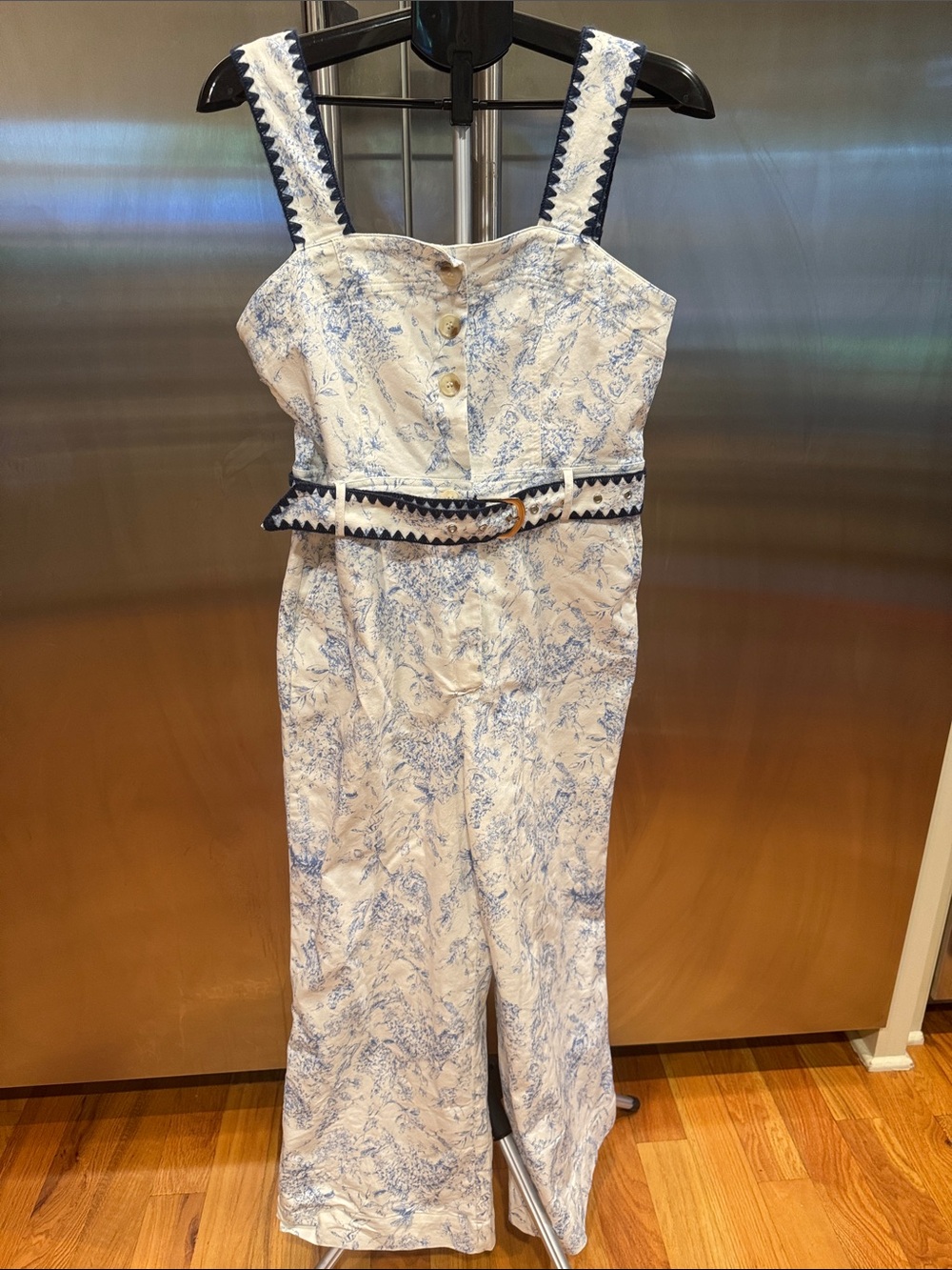 Baevely Sleeveless Blue Toile Wide-Leg Jumpsuit with Belt
